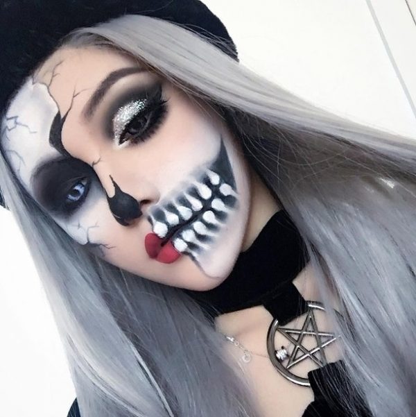 Spooky Half & Half Halloween Skull Makeup Look, cute Halloween makeup ideas