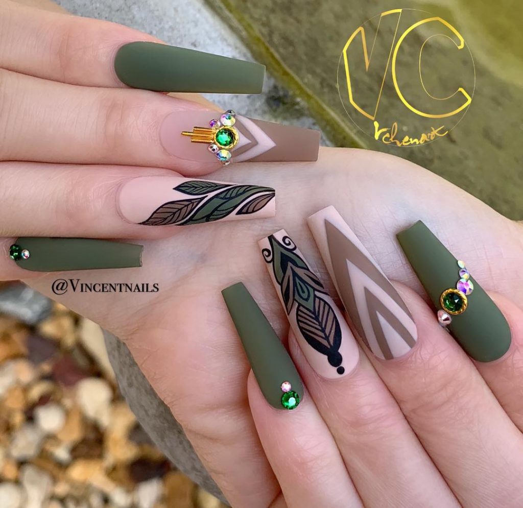 Stunning Matte Coffin Shaped Olive Green Fall Nails Design