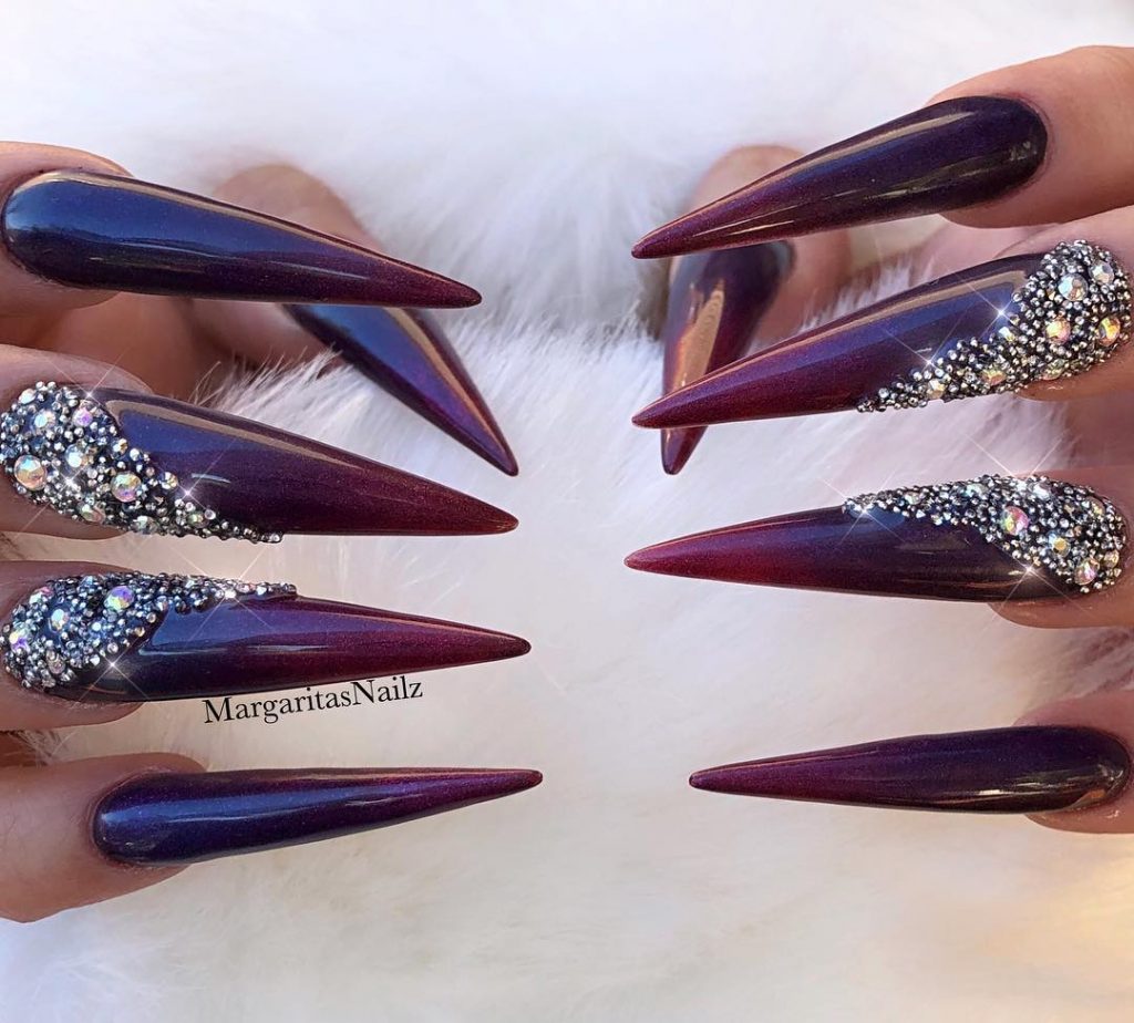 Stunning Dark Purple Stiletto Fall Nails with Crystals