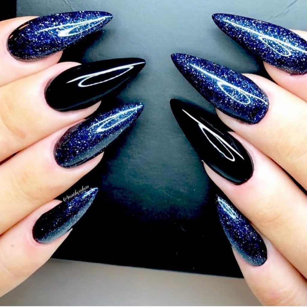 Stunning Shimmer Navy Fall Nails with Accent glossy Black Nail
