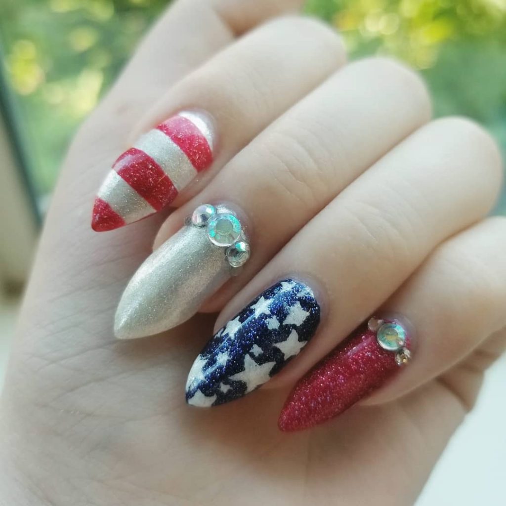 Stunning Red & Glitter, Blue & Glitter and White & Silver Patriotic Nail Art Design