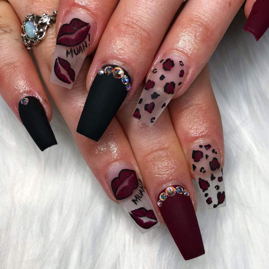 Stylish Maroon fall nails with Accent black Matte Nail with rhinestones