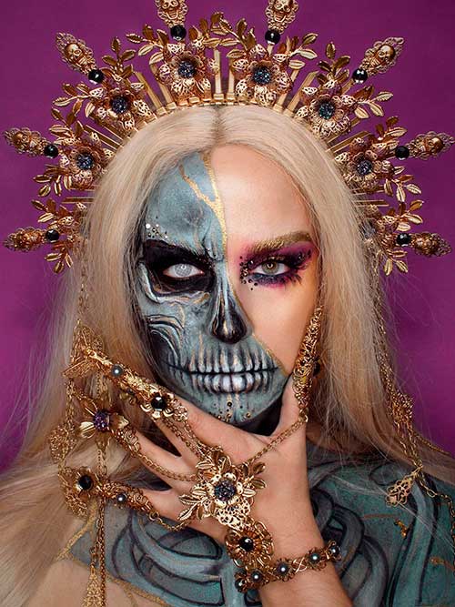 Half Skull Makeup and Contact Lenses