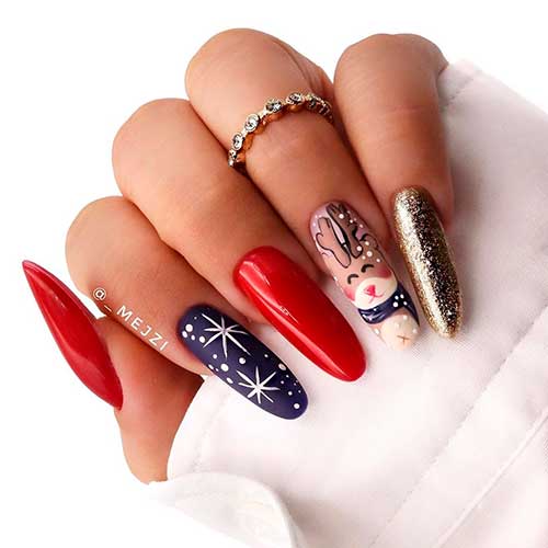 Amazing Christmas nails set with white snowflakes on accent navy nail!