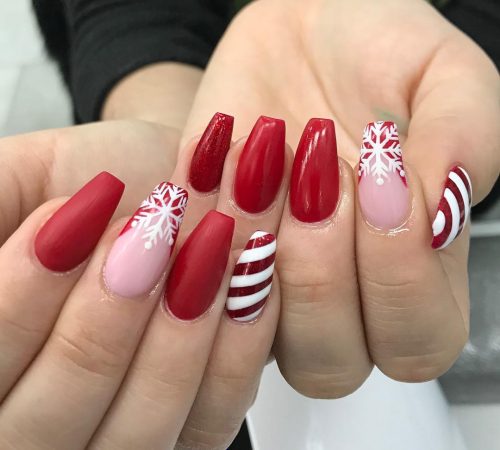 Amazing Red Christmas nails coffin shaped with Snowflake & Candy Cane Nails!