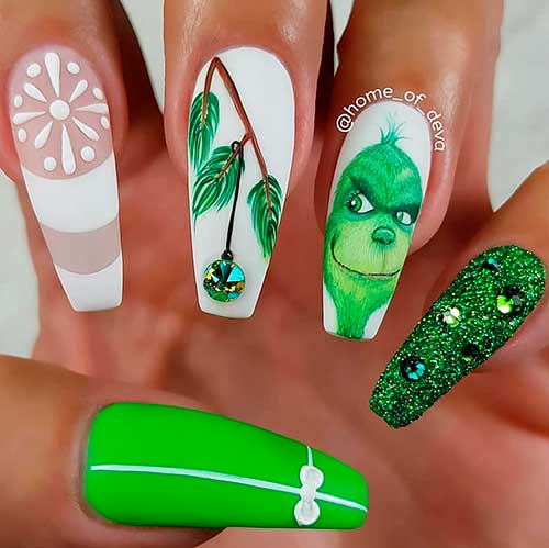 Amazing Green Christmas nails combination of the Grinch, snowflake, and present nails! 
