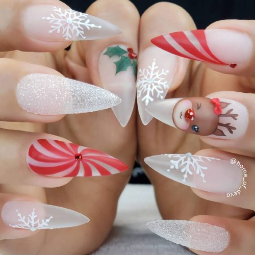 Amazing Nude Christmas Stiletto Nails with Candy Cane, Snowflake and White Glitter Nail!