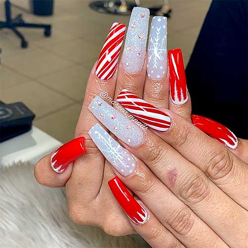 Amazing long coffin shaped Christmas nails set that consists of ice, glitter, snowflakes, and candy cane nails!