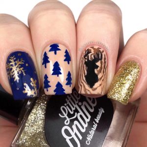 Beautiful Blue with Golden Snowflake Christmas Nails and Golden Glitter Nail!