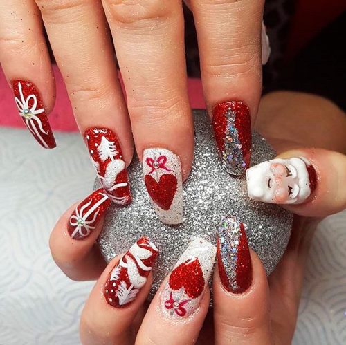 Beautiful Glitter Santa Claus Red Christmas Nails
