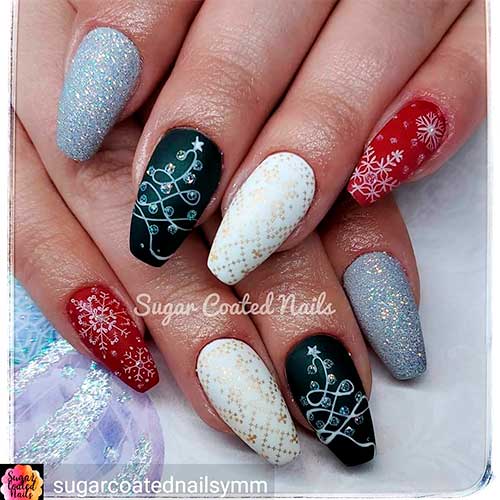Beautiful coffin shaped Christmas nails with glitter, rhinestones, and an accent snowflakes nail!