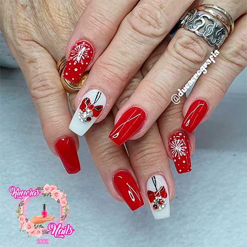 Beautiful red Christmas nails with snowflakes and present nails!