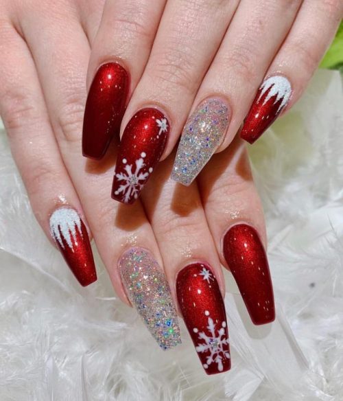  Beautiful snowflake red Christmas gel nails with an accent glitter nail!