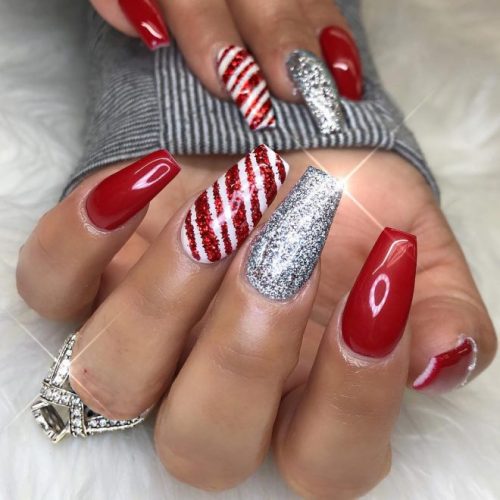 Cute Red, Glitter Candy Cane, Silver Glitter Christmas Nails!
