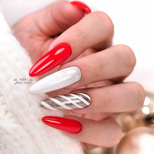 Cute long almond red, white, and gold glitter candy cane nail for Christmas celebration!