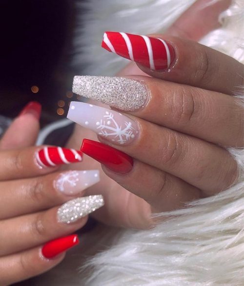 Cute red, candy cane, and glitter Christmas nails!