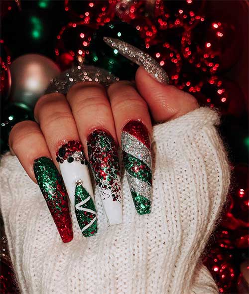 Festive glitter coffin shaped Christmas nails set for inspiration!