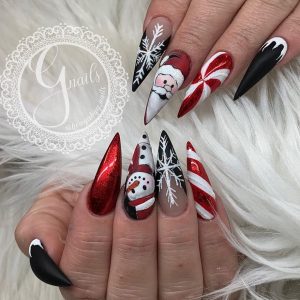 Gorgeous Stiletto Black with White Snowflake, Red, Candy Cane Christmas Nails!