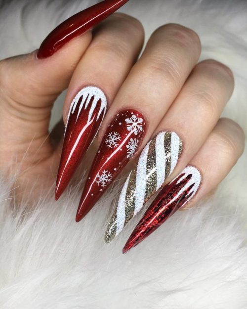 Gorgeous Stiletto Red Christmas Nails with Golden & White Candy Cane Accent Nail!