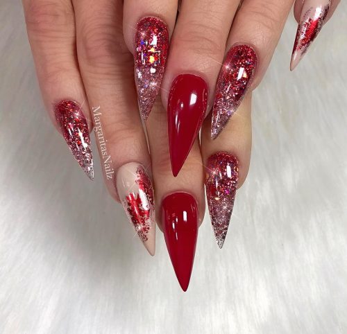 Gorgeous red Christmas Stiletto Glitter Nails!