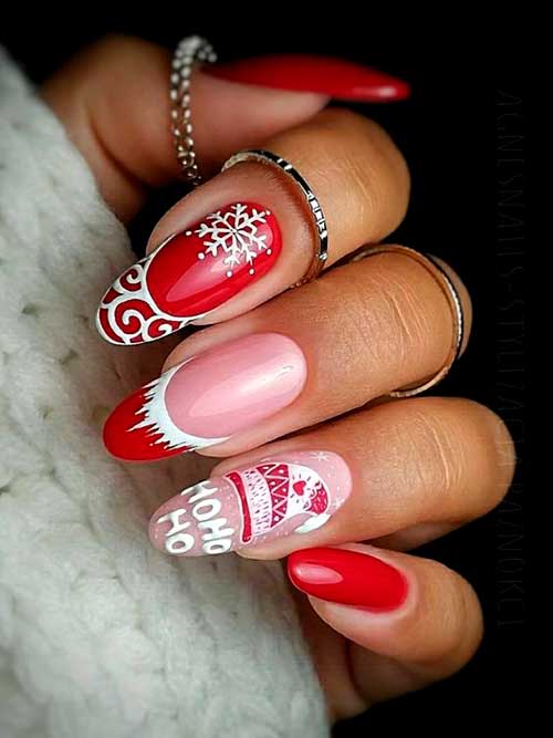 Gorgeous red Christmas nails with glitter, snowflake, French tip nails set!