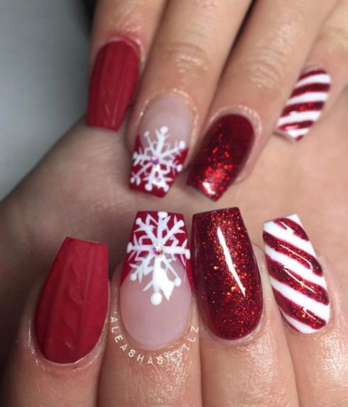 Gorgeous snowflake, candy cane, glitter, and red Christmas nails!