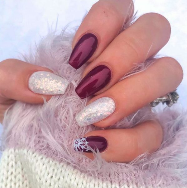 Shimmer Sexy Berry Christmas Nails with Accent Snowflake Nail!