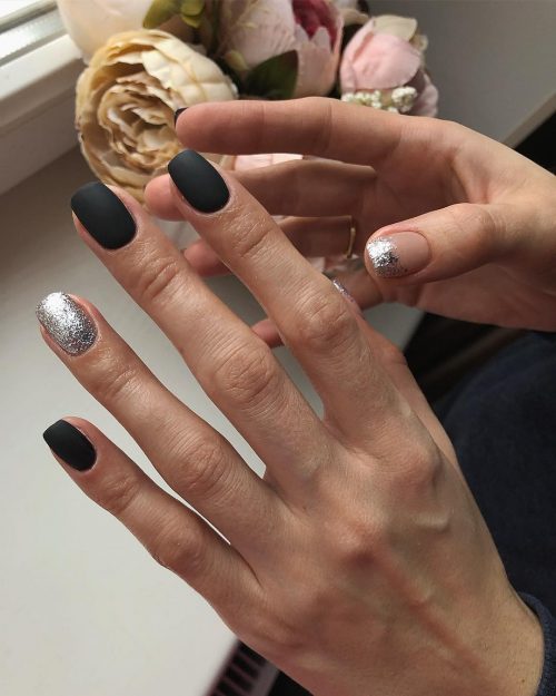 Beautiful matte coffin nails with an accent silver glitter nail and an accent silver glitter french tip nail!