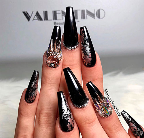 Beautiful Black and Silver Coffin Nails & An Accent Bling Nail