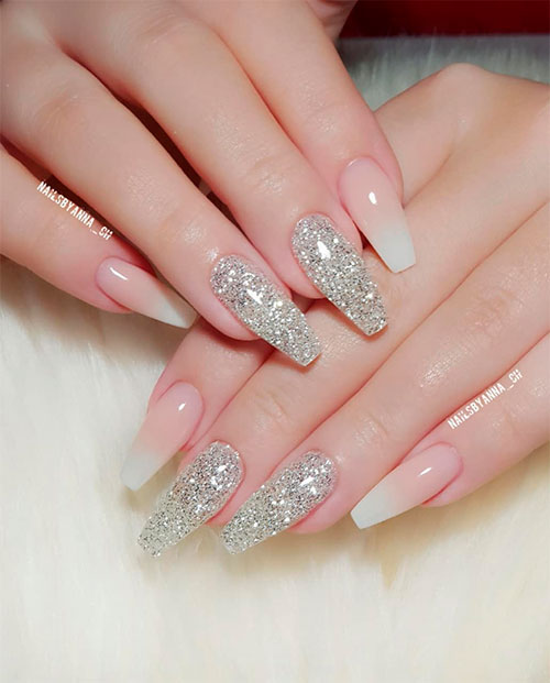 Beautiful Ombre French Manicure with Two Silver Sparkle Nails - French ombre gel nails set