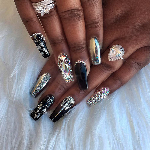 Cute Black and Silver Coffin Nails with Bling Nails