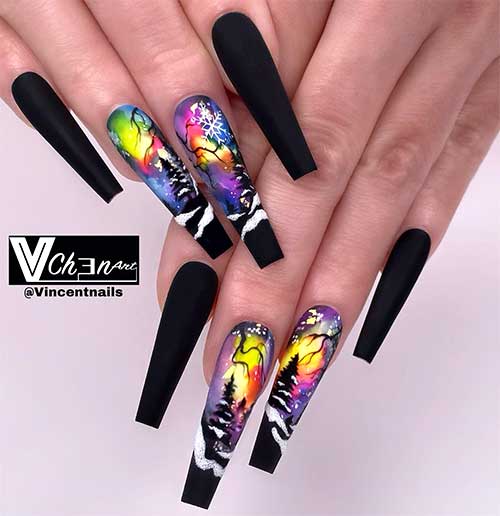 Cute black Christmas themed nails snowflakes long coffin shaped!