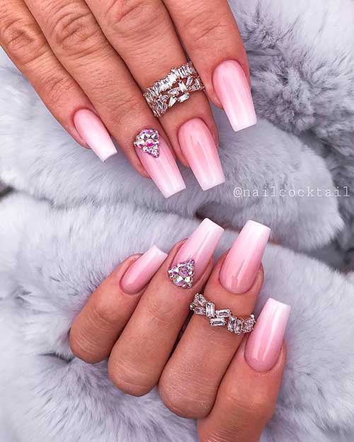 Cute gel french ombre nails with rhinestones on accent nail!