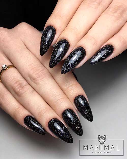Cute long almond black nails with glitter set!