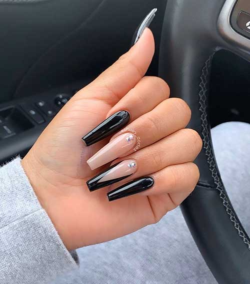 Cute long coffin black nails with nude coffin nails design!