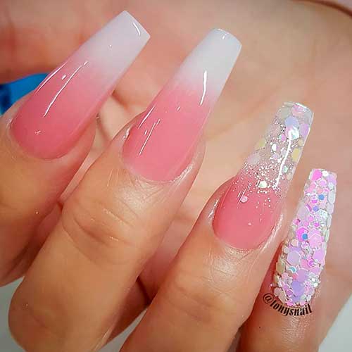 French ombre nails design coffin shaped with glitter flakes on two accent nails