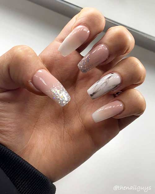 Gel French ombre nails coffin shaped with glitter ombre nails tips and accent marble nail