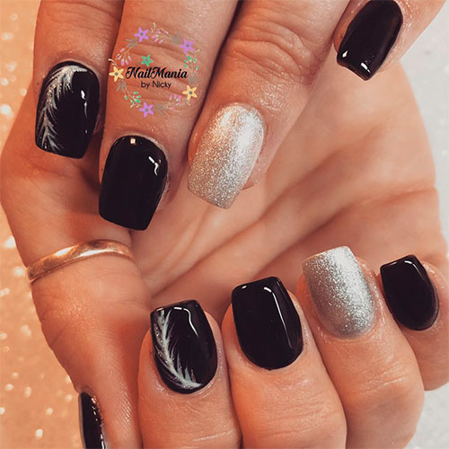 Gorgeous Short Black and Silver Coffin Nails