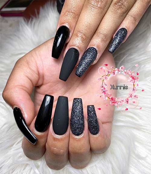 Shiny and matte black coffin nails with glitter design!