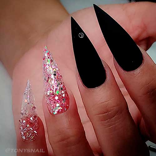 Long Matte Black Stiletto Nails with Glitter Clear Accents