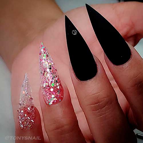 Black Stiletto Nails with Glitter Clear Accents Long Matte Black Stiletto Nails with Glitter Clear Accents