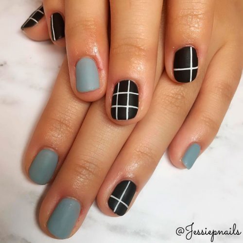 Cute matte black and gray nails with white strips