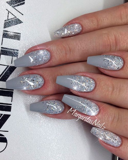 Gorgeous grey ombre nails with glitter