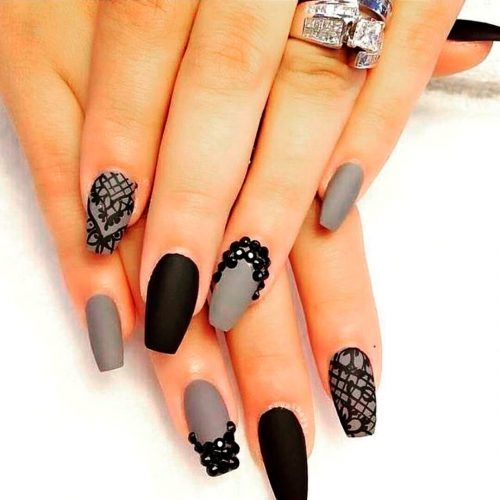 gray and black matte coffin nails with some black rhinestones! gray and black matte coffin nails with some black rhinestones!