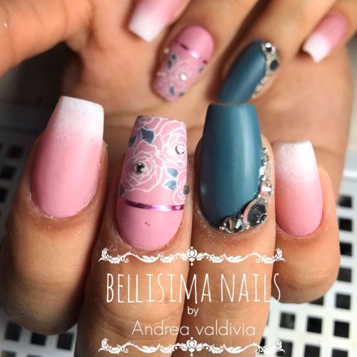 Gorgeous matte pink and grey coffin nails with some crystals Gorgeous matte pink and grey coffin nails with some crystals