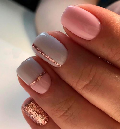 Cute pink and grey short nails with gold glitter Cute pink and grey short nails with gold glitter