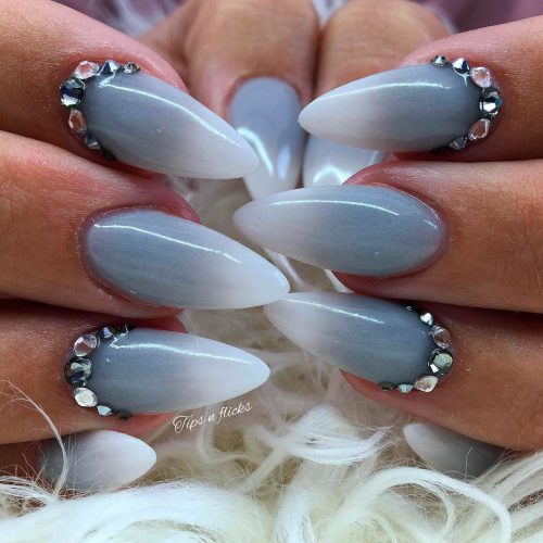 Cute grey and white ombre nails with some crystal at cuticles!