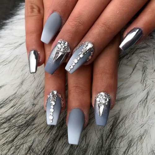 Beautiful grey and white ombre nails with some diamonds!