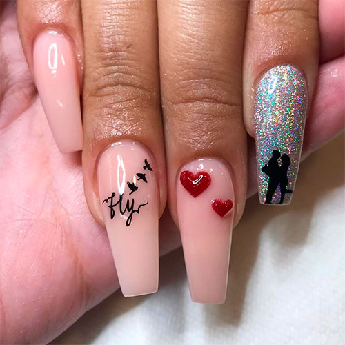 Amazing long nude coffin nails design for valentines day!
