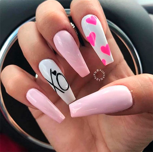 Baby pink coffin nails, pink hearts & XO on white coffin nails for valentine's day!